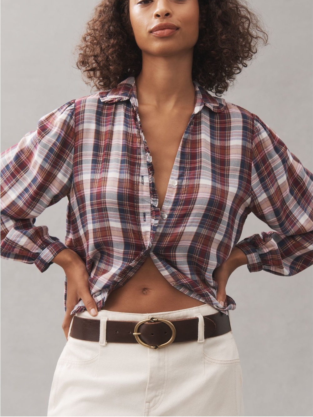 Anthropologie Button Down Long Sleeve Shirt Cloth & Stone New Large Plaid Plum